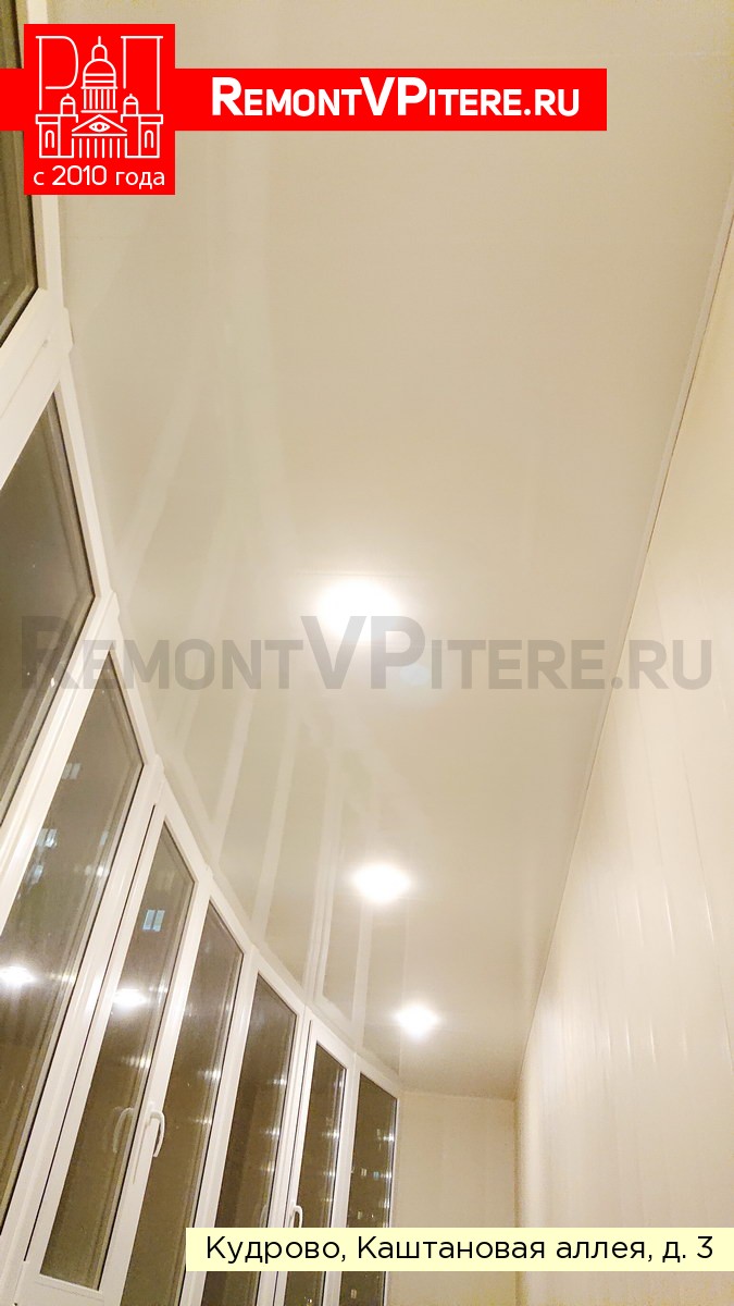 Потолок из белых пластиковых панелей со светильниками